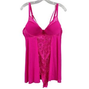 Frederick's of Hollywood Hot Pink Lace Babydoll Lingerie Bodysuit 1X 38430